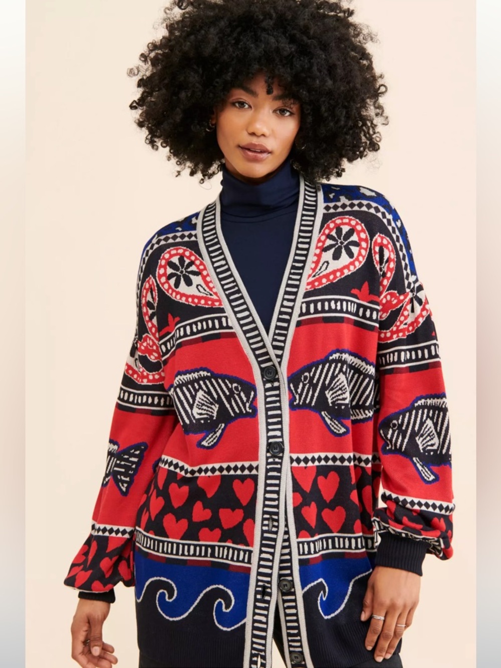 FARM Rio Navy Mixed Print Knit Cardigan Small